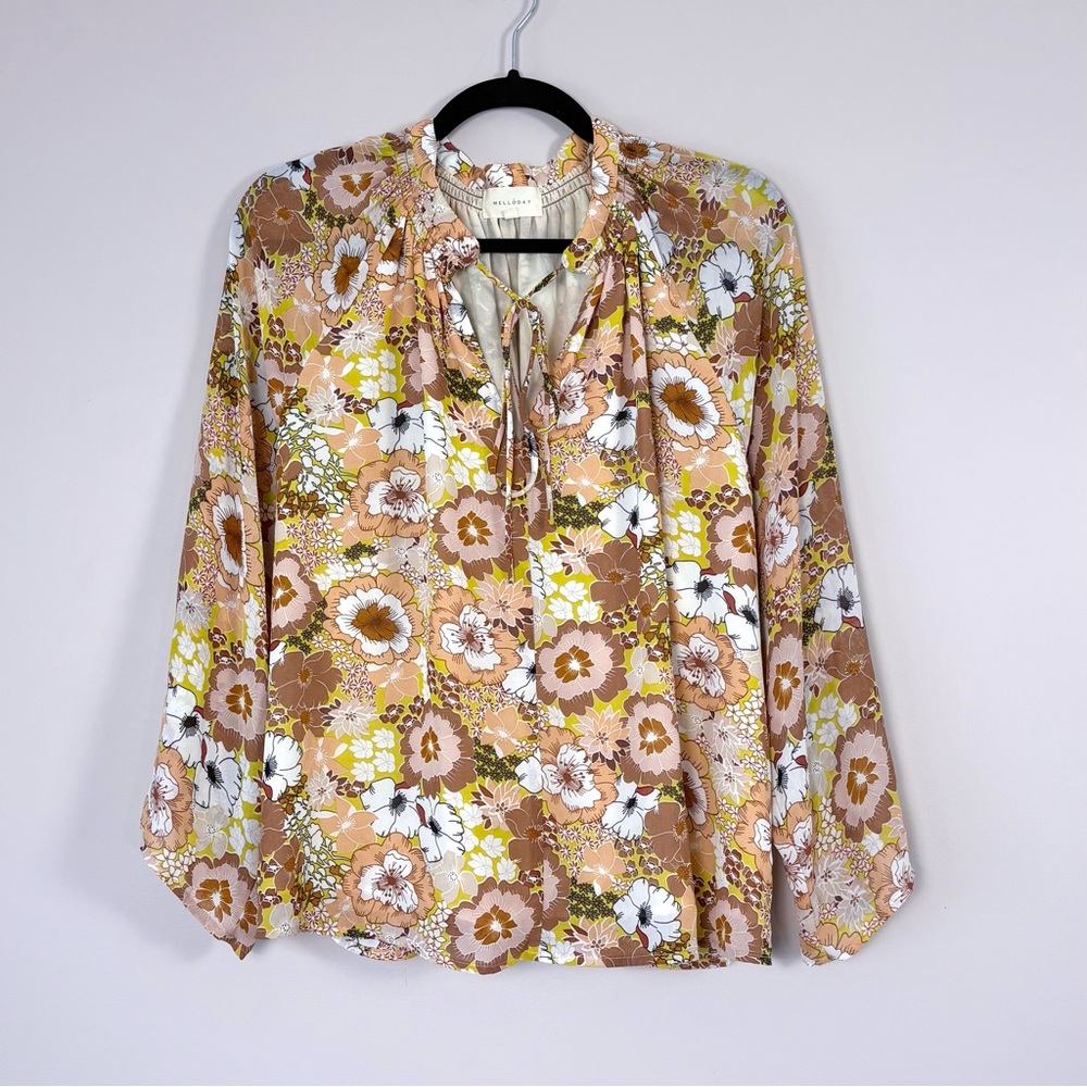 Melloday Retro Floral Print Tie Neck Blouse Large